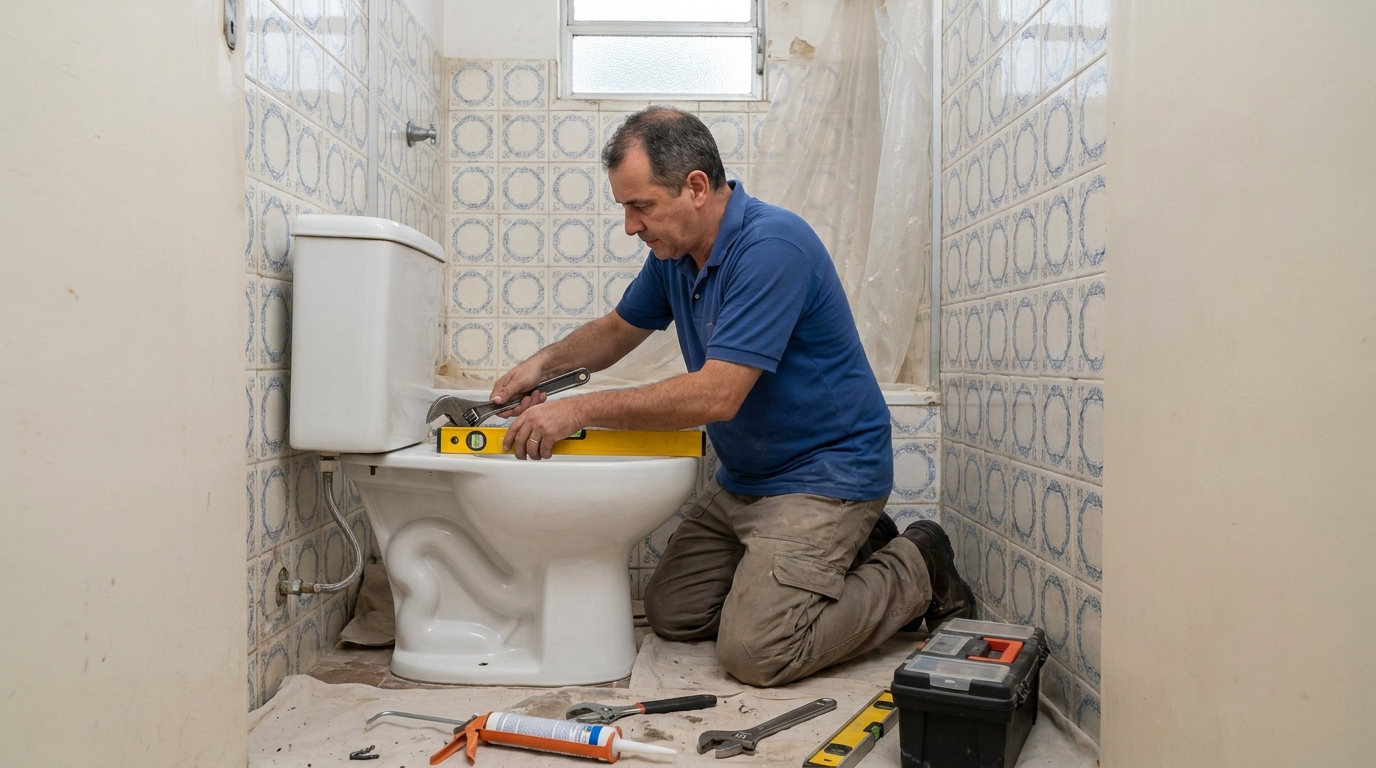 Técnico instalando vaso sanitário em Jaraguá do Sul‑SC